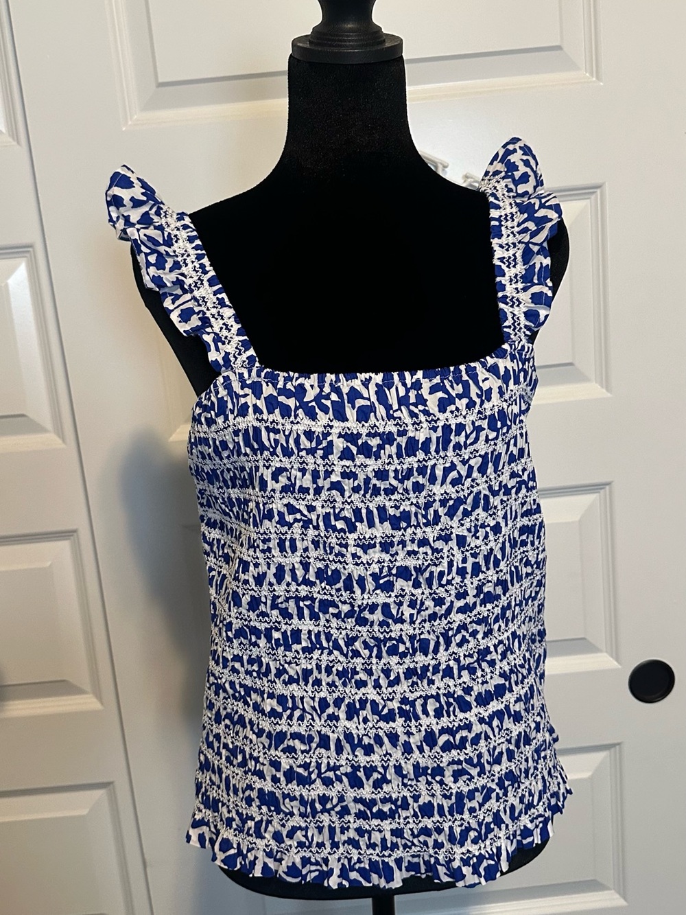 Time and Tru Blue and White Smocked Ruffle Strap Camisole